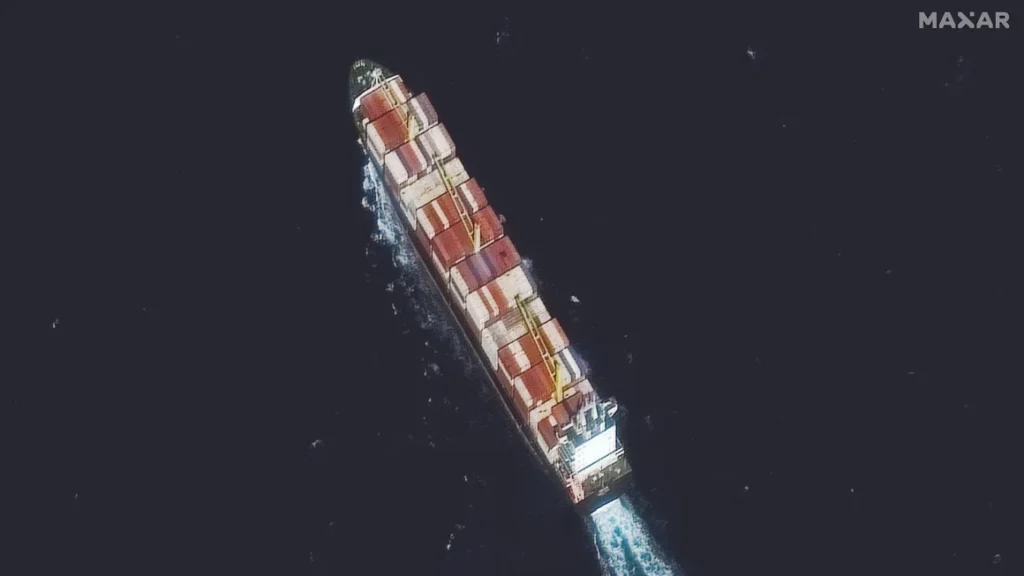 Satellite image of a container ship off the coast of Iran